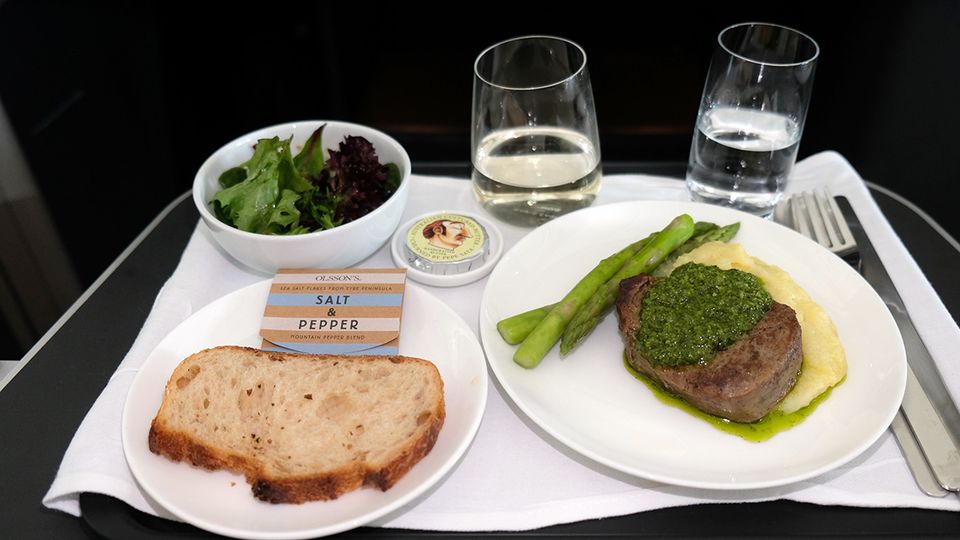 Beef fillet with Paris mash, asparagus and salsa verde - my dish of the flight.