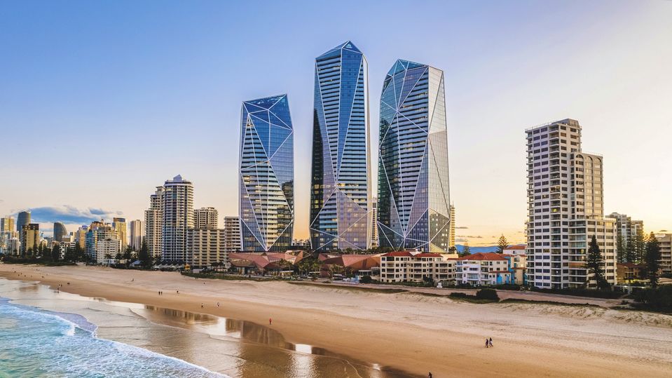 The Jewel towers tower above the sands of Surfers Paradise.