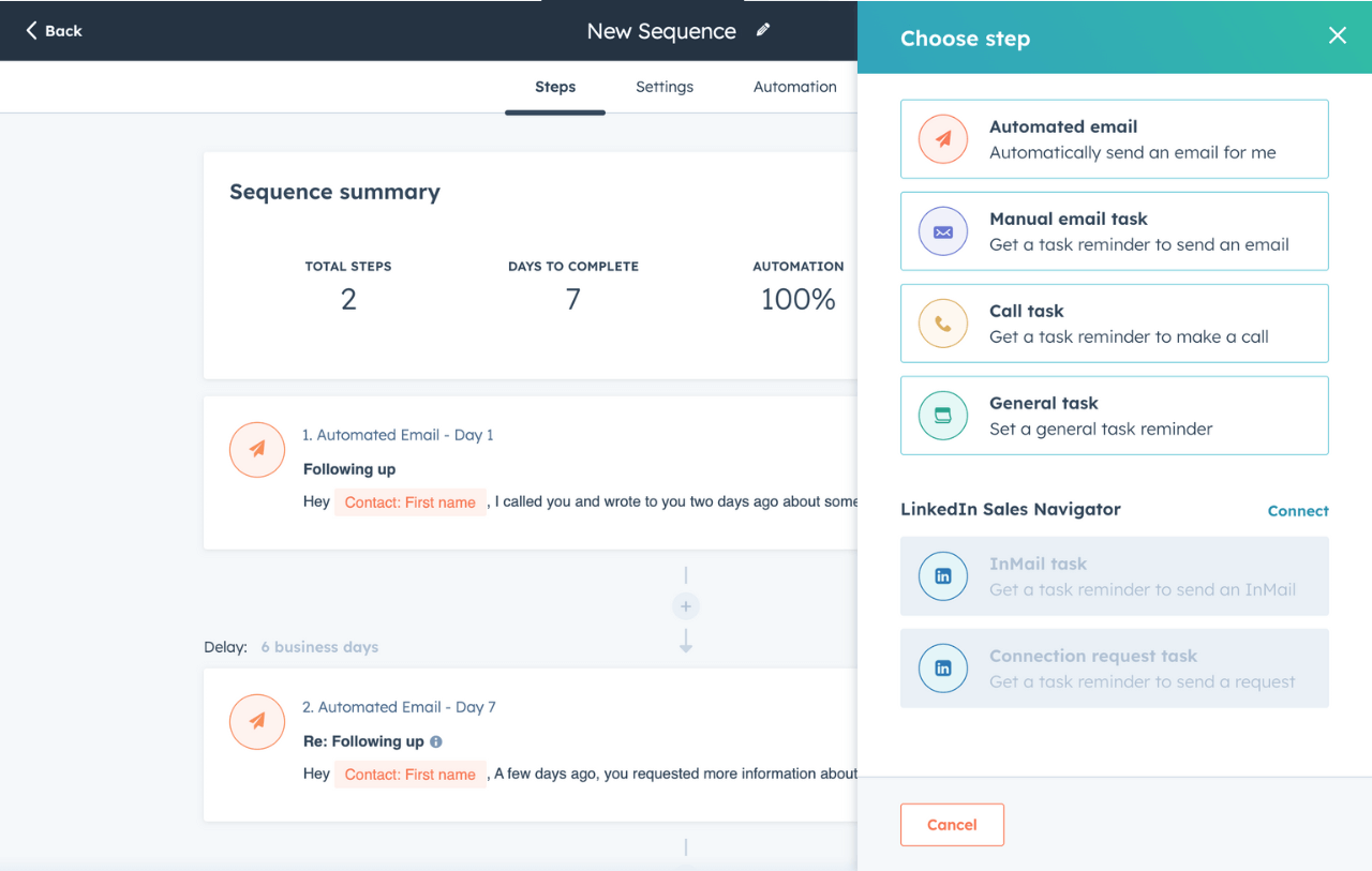 HubSpot sales automation tools showing steps to create a new sequence