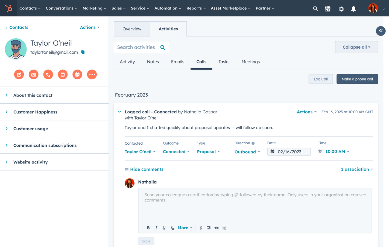 HubSpot tool showing call logs and notes