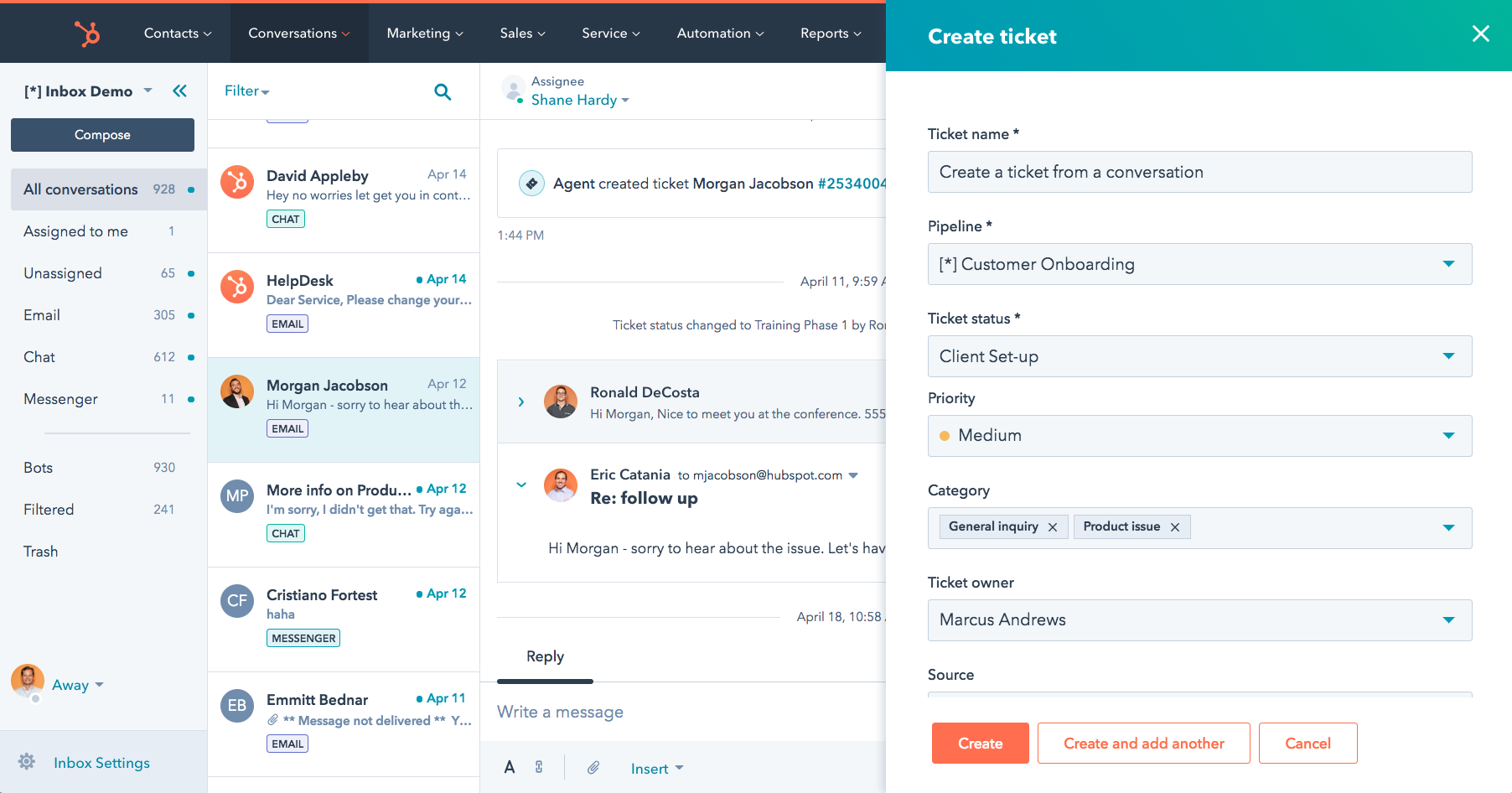 HubSpot ticketing system tool showing creating a ticket from chat