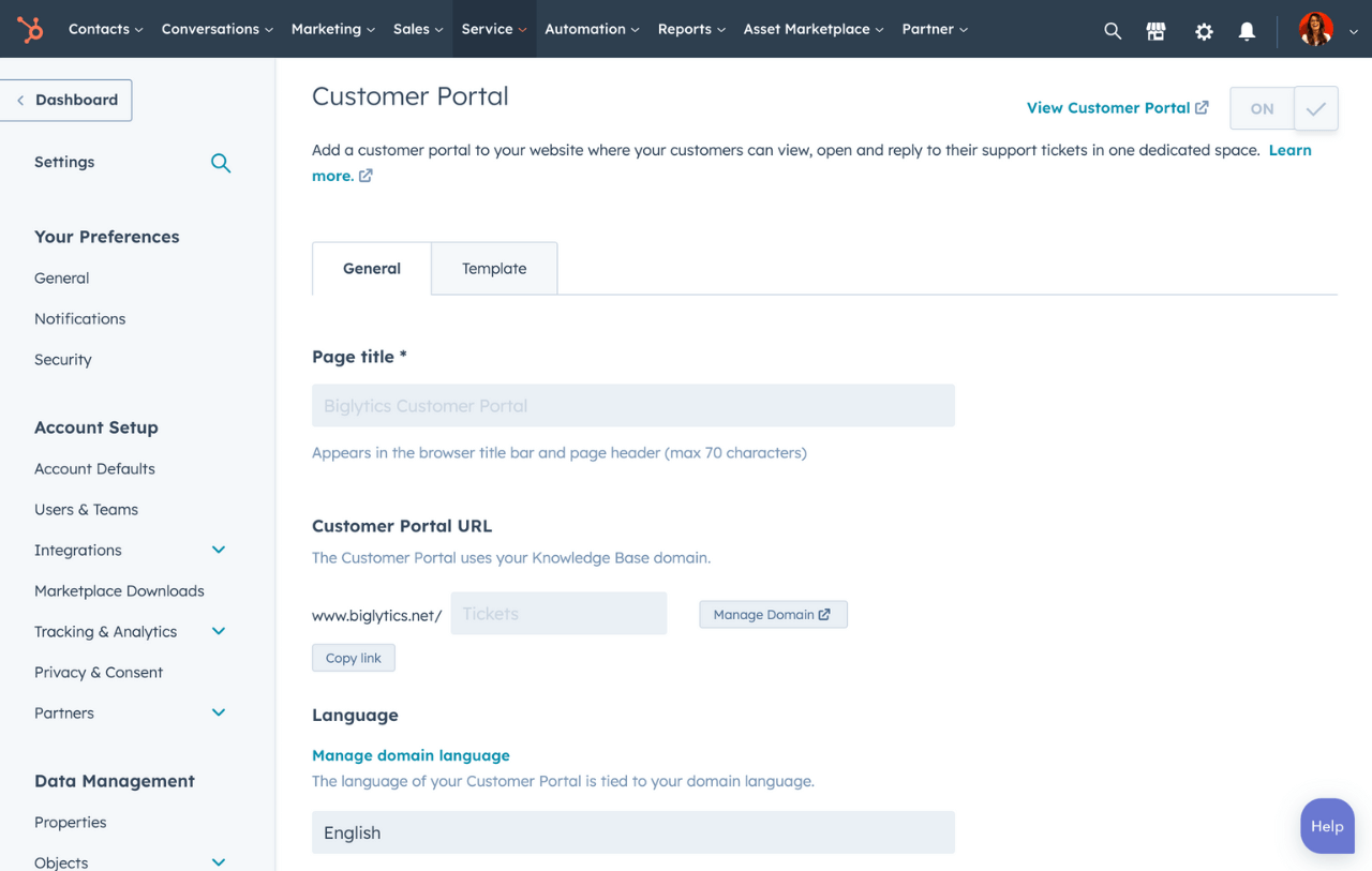 View of the customer portal general settings