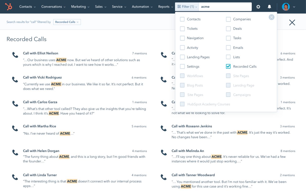 HubSpot conversation intelligence tool showing customers voice feature