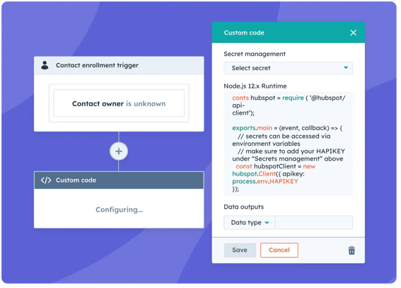 Simplified user interface in HubSpot showing how a user can create a contact enrollment trigger based on a custom code configuration