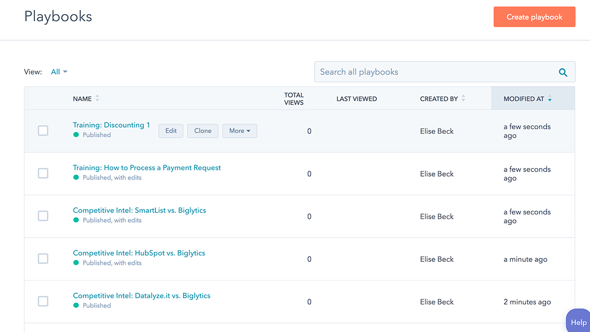 HubSpot playbooks interface showing list of available playbooks
