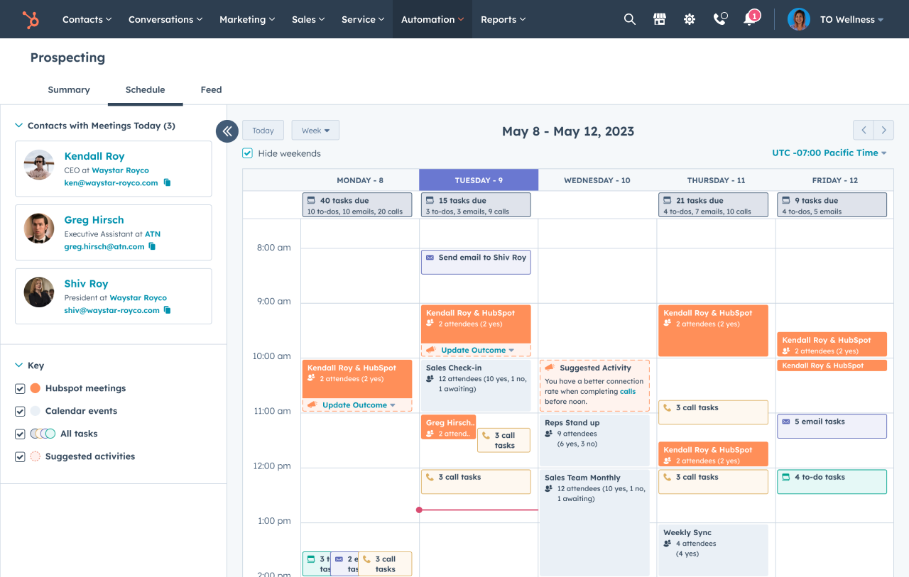 HubSpot prospecting workspace showing calendar functionality