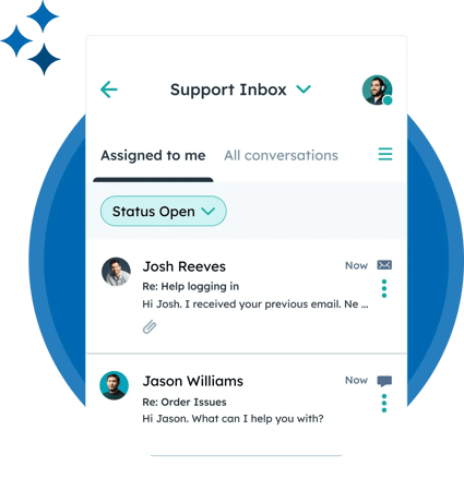 Shows a simplified Service Hub user interface where a user has filtered the shared inbox to see customer support tickets assigned to them