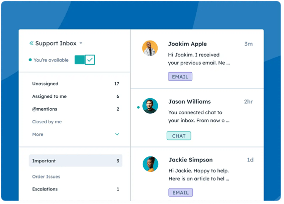 Simplified user interface in HubSpot showing the shared customer service inbox aggregating chat and email conversations from customers and various filters in the inbox