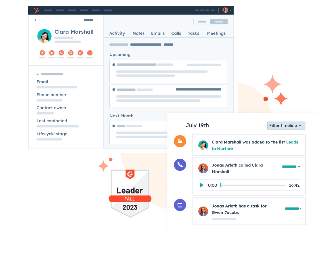 Simplified HubSpot UI showing a contact record for a business in HubSpot CRM, plus the contact's activity and interactions with the business. Also shows a G2 award badge awarded to HubSpot CRM as a leader in fall 2023.